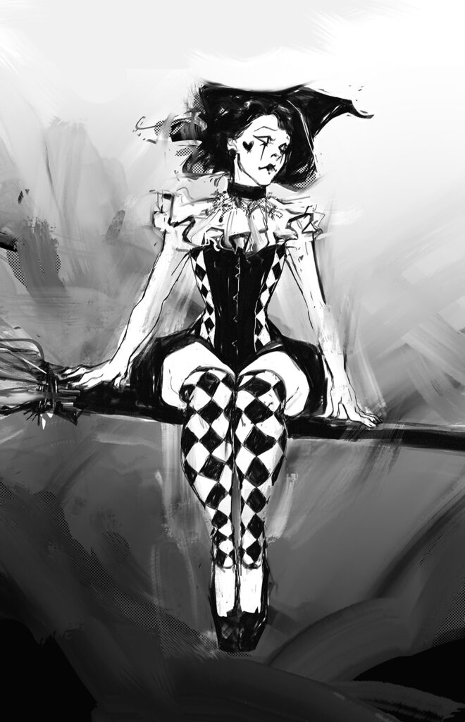 Digital illustration of harlequin jester witch