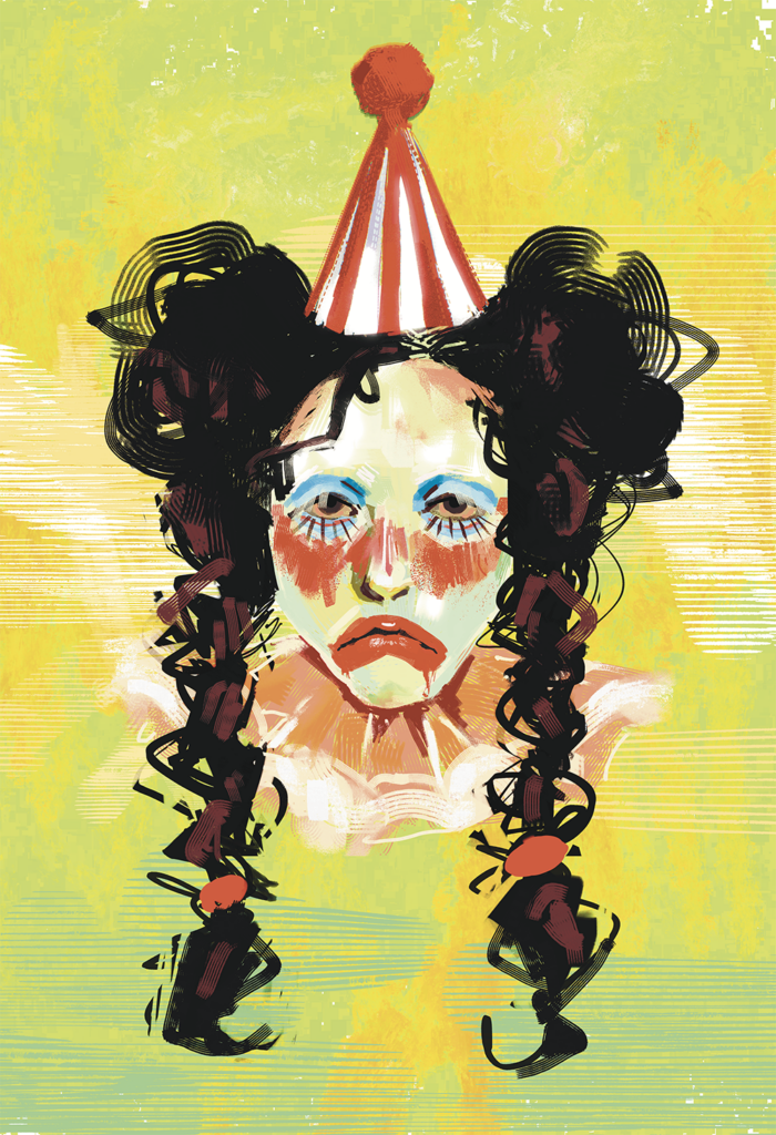 Digital illustration of a sad clown with a hat