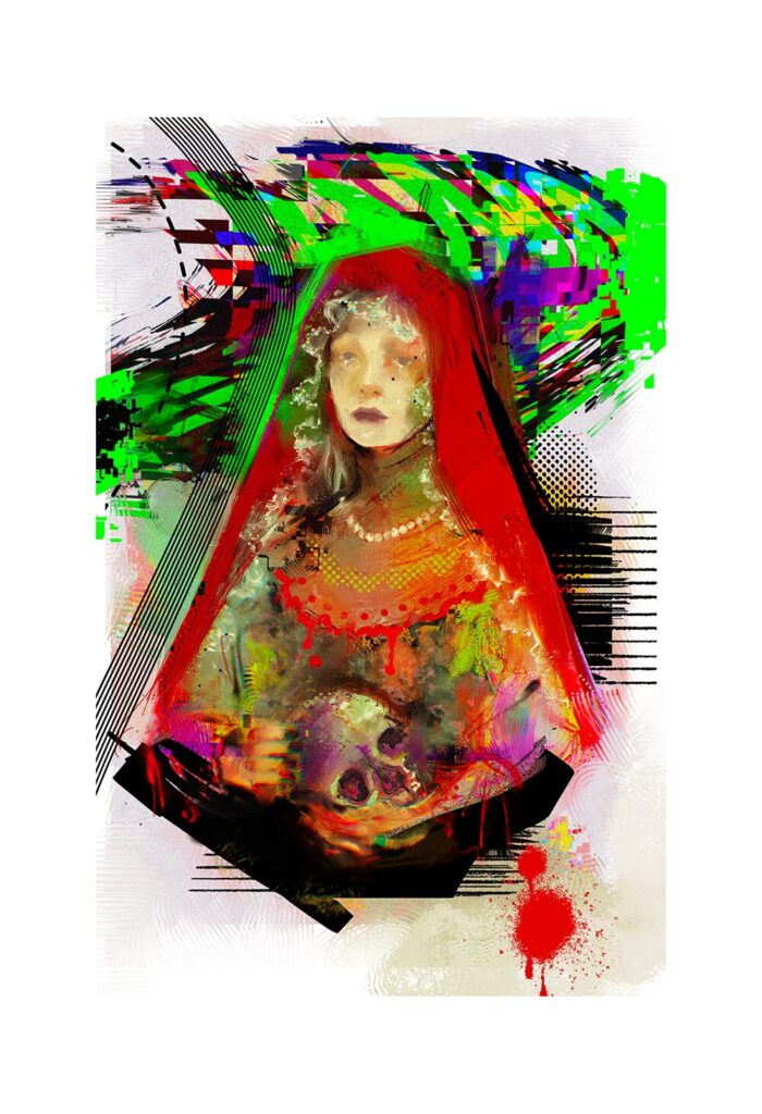 Illustration of woman and skull in her arms