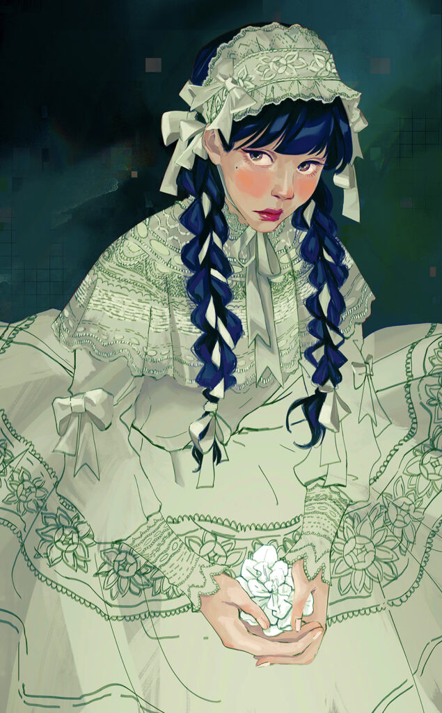 Digital illustration of a J-fashion girlie holding a gardenia flower