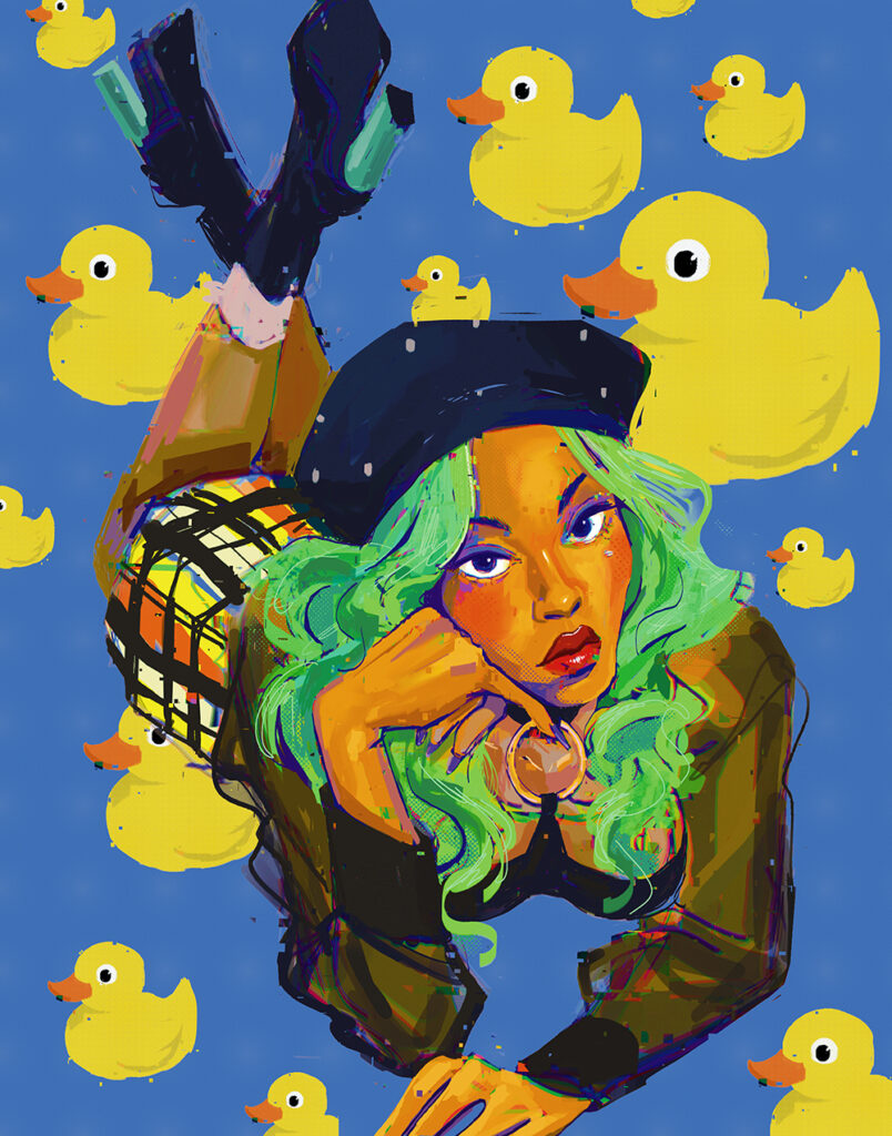 Digital illustration of girl with beret in front of rubbber duckies