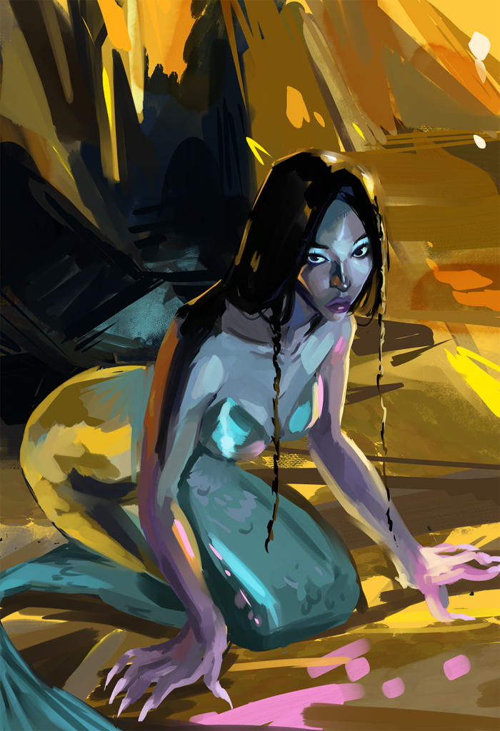 Digital illustration of mermaid in golden lighting